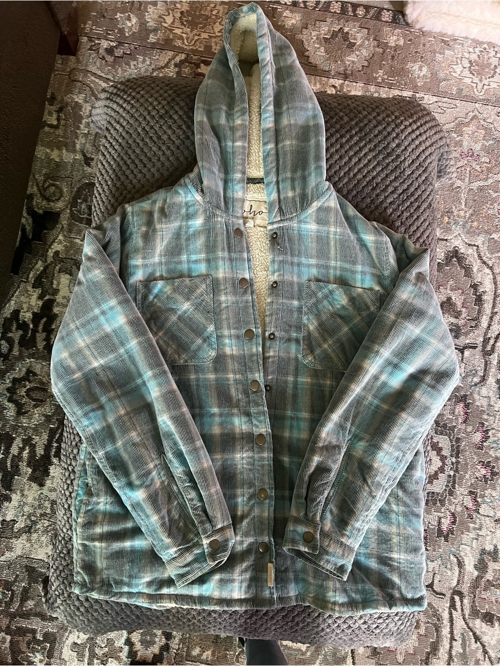 Utility Hooded/Sherpa Lined Blue & Gray Plaid Jacket
